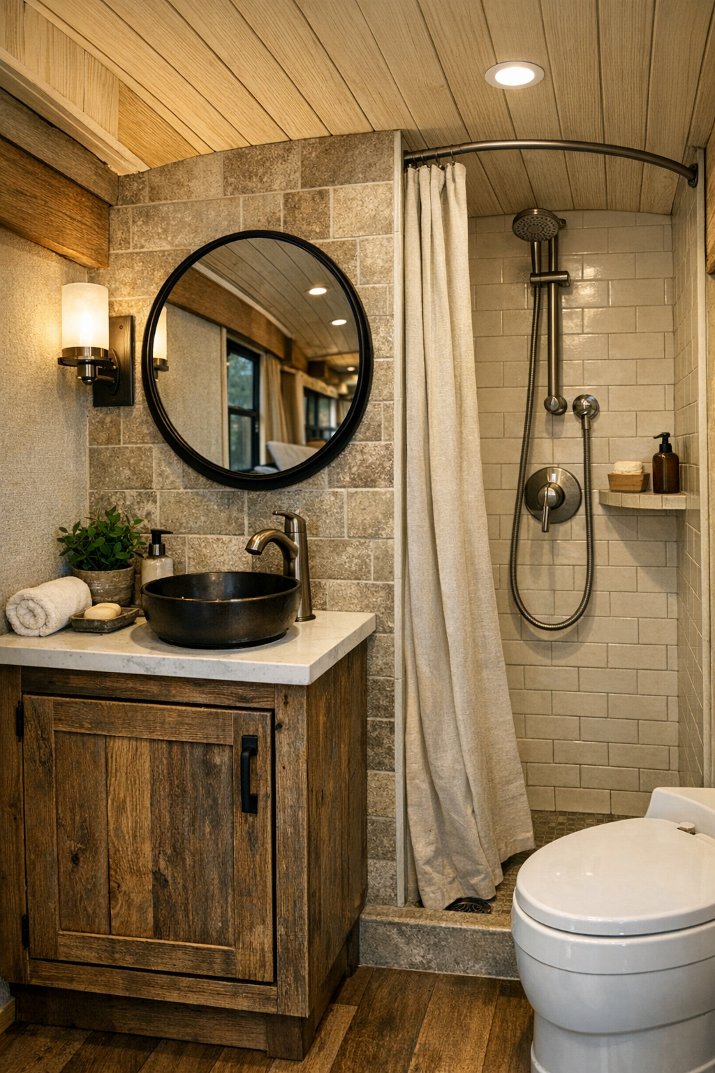 Small rustic bathroom inside the bus with reclaimed wood vanity and textured tile