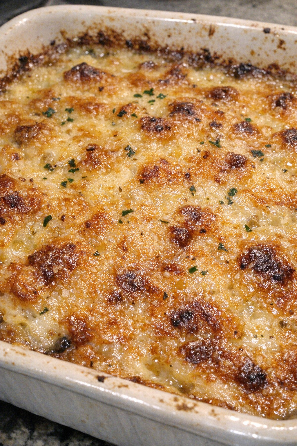 Bubbling casserole with caramelized crust in a deep baking dish