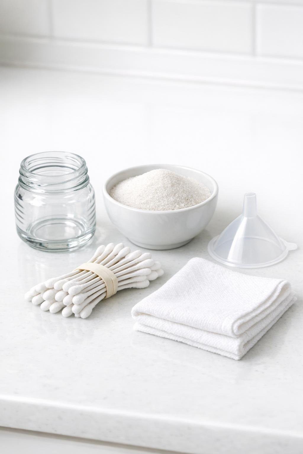 Materials for a glass jar Q-tip holder laid out on a counter