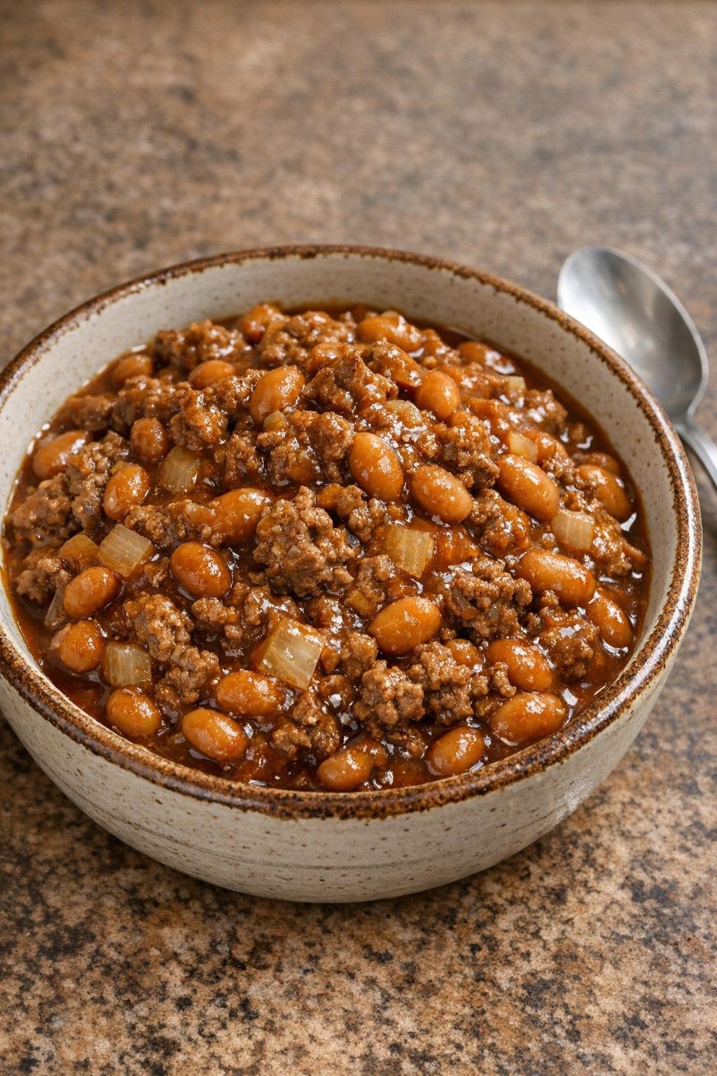 Finished baked bean beef served in a rustic bowl