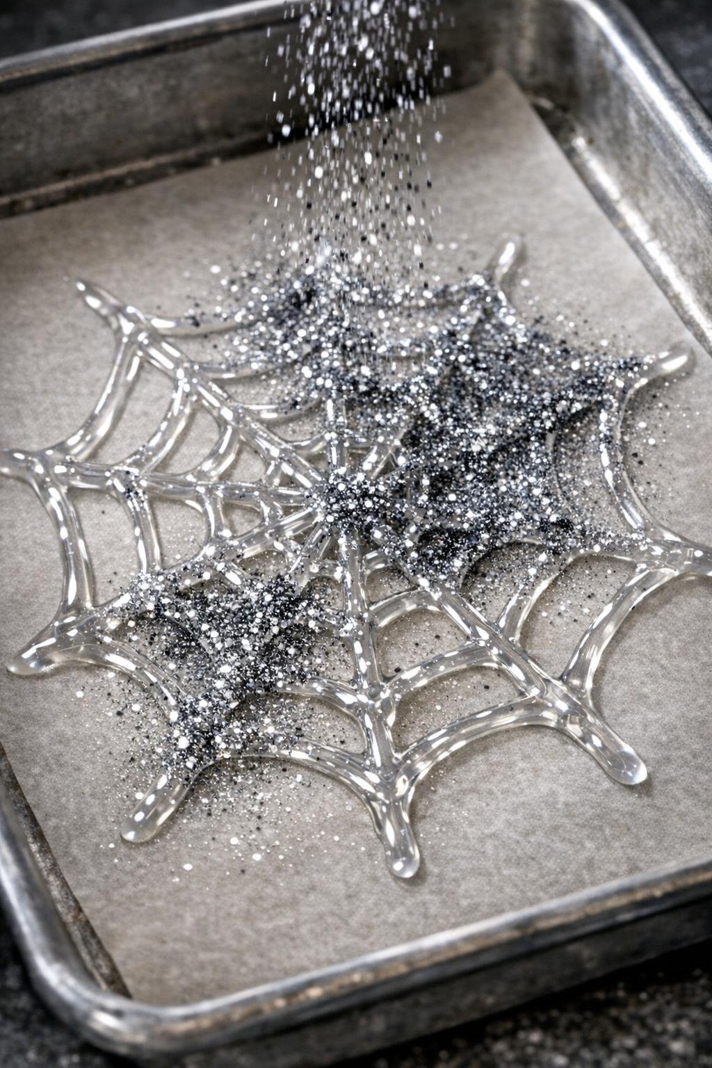 Glitter being dusted over fresh hot glue spiderweb on a baking sheet