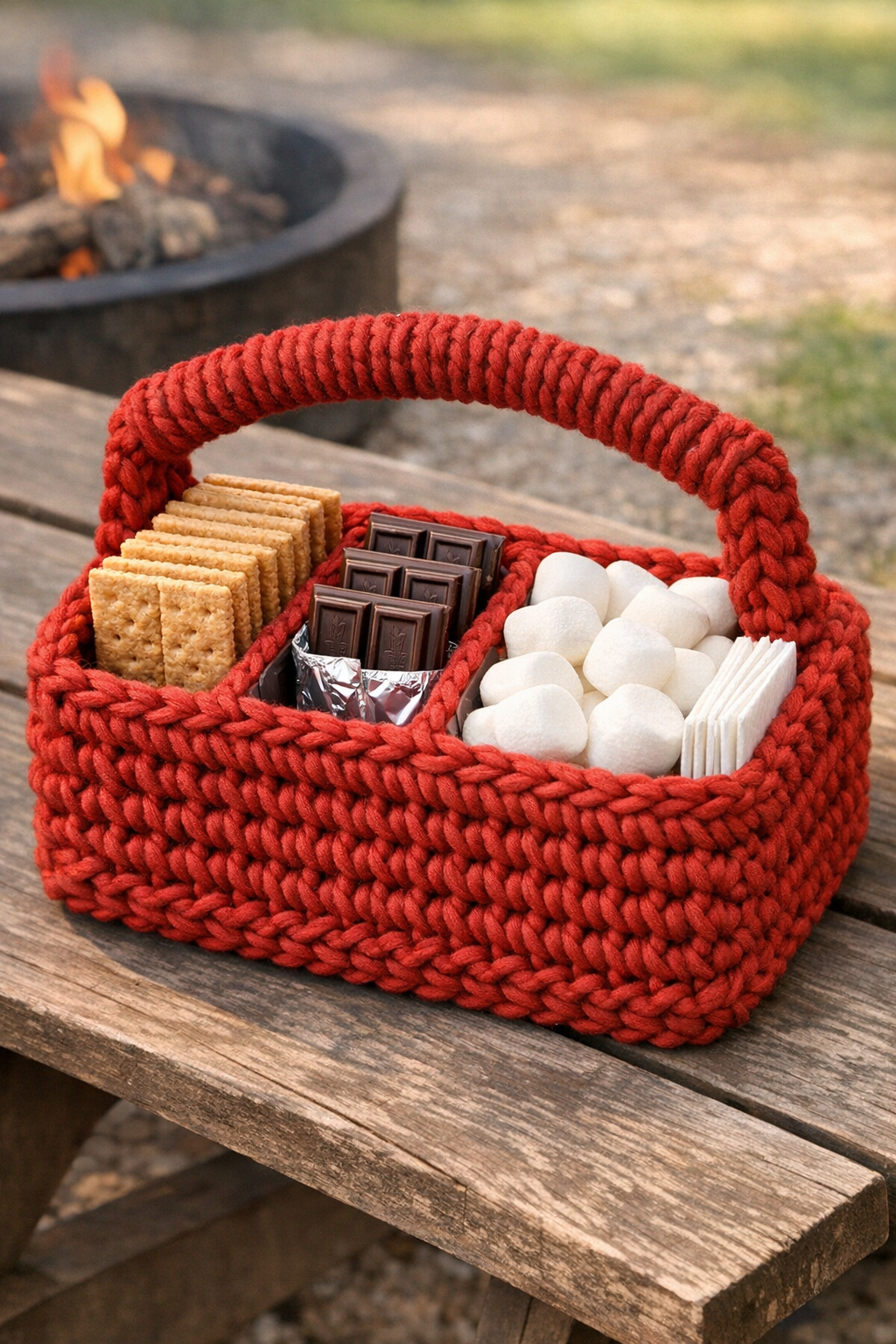 Finished crochet s'mores caddy made from a plastic six-pack carrier covered in red yarn