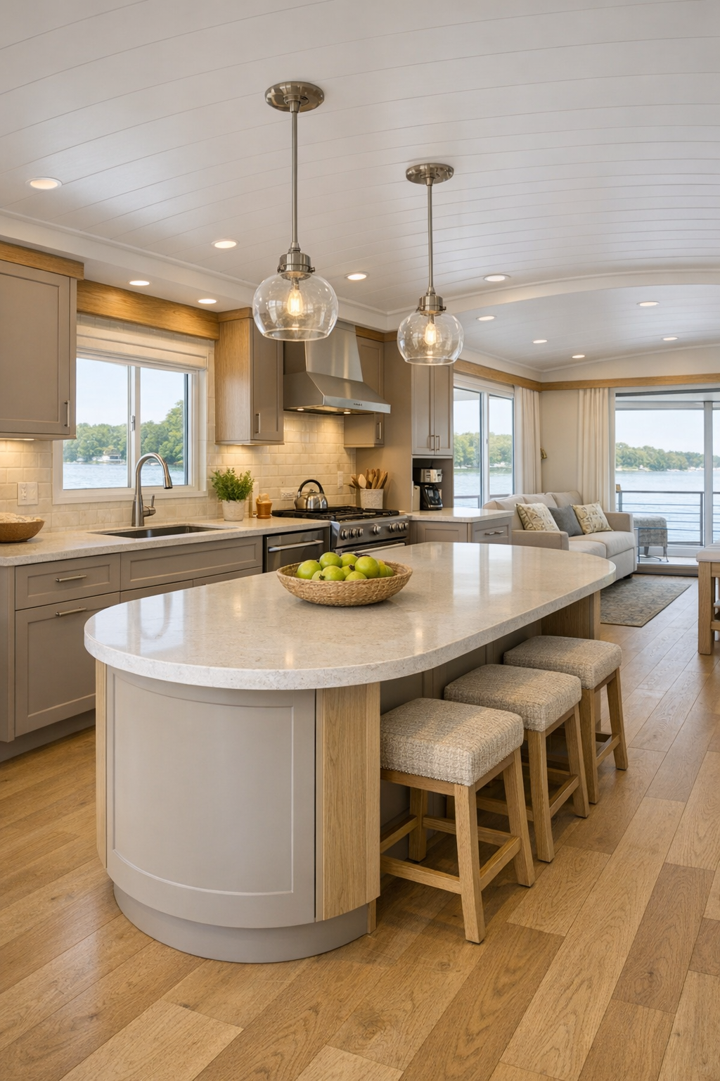 Accessible cottage kitchen with mushroom cabinetry, pale quartz counters, oak accents, and a large open island