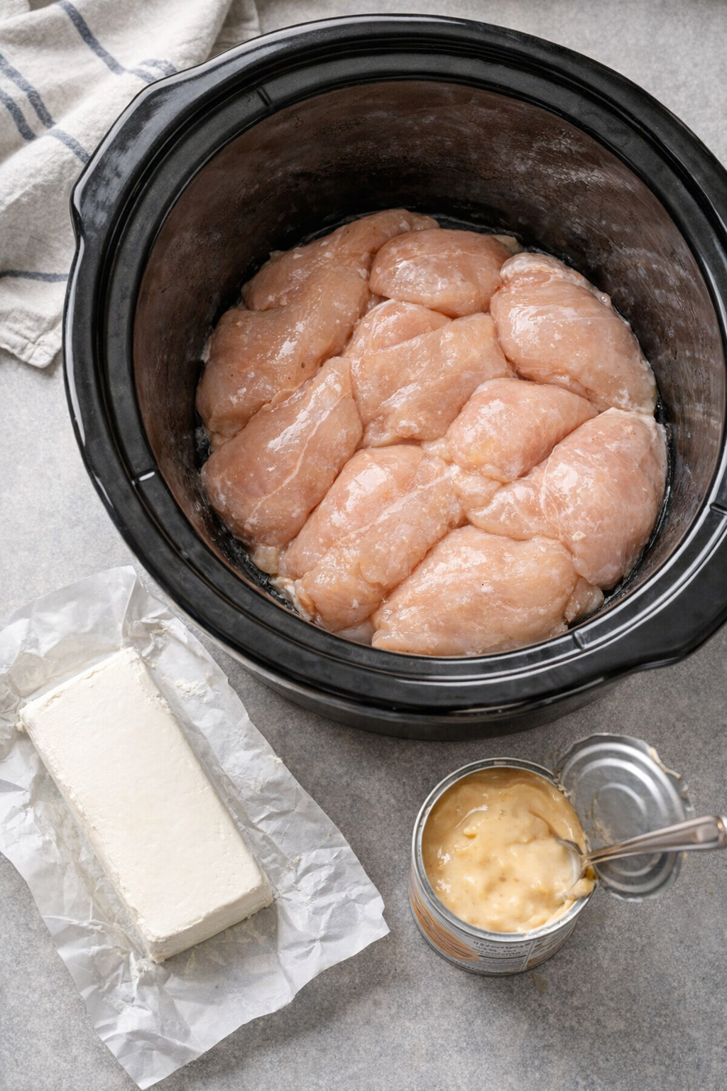Slow cooker insert prepared with raw chicken