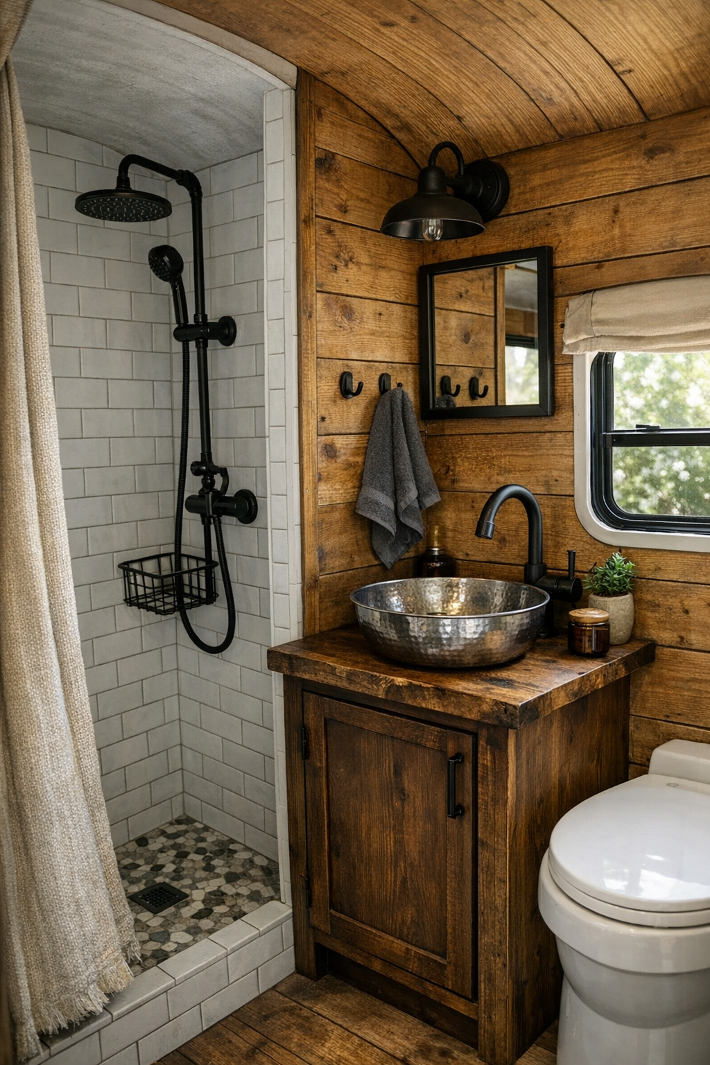 Compact rustic bus bathroom with wood paneling and tiled shower
