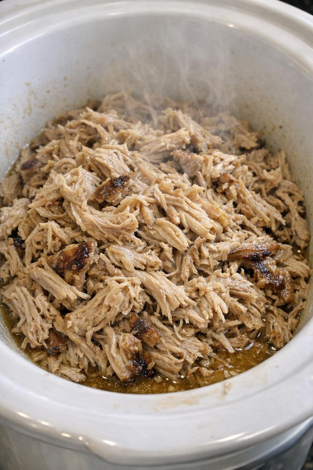Shredded pork in a white slow cooker crock