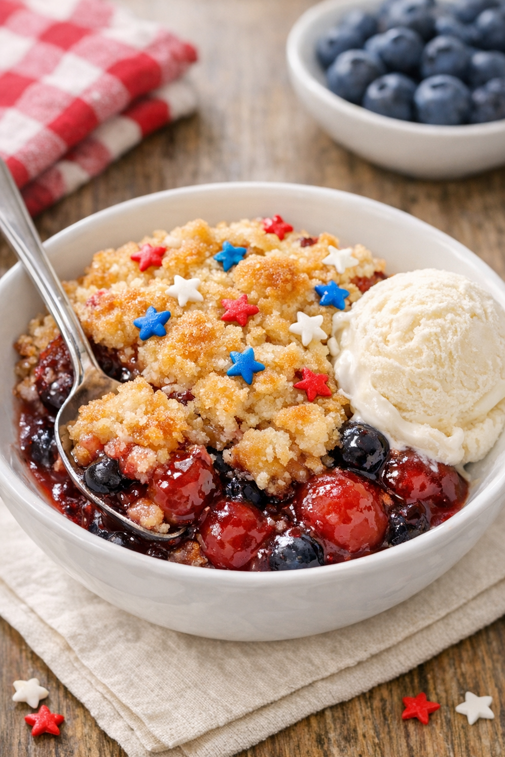 Plated star-spangled cobbler with vanilla ice cream