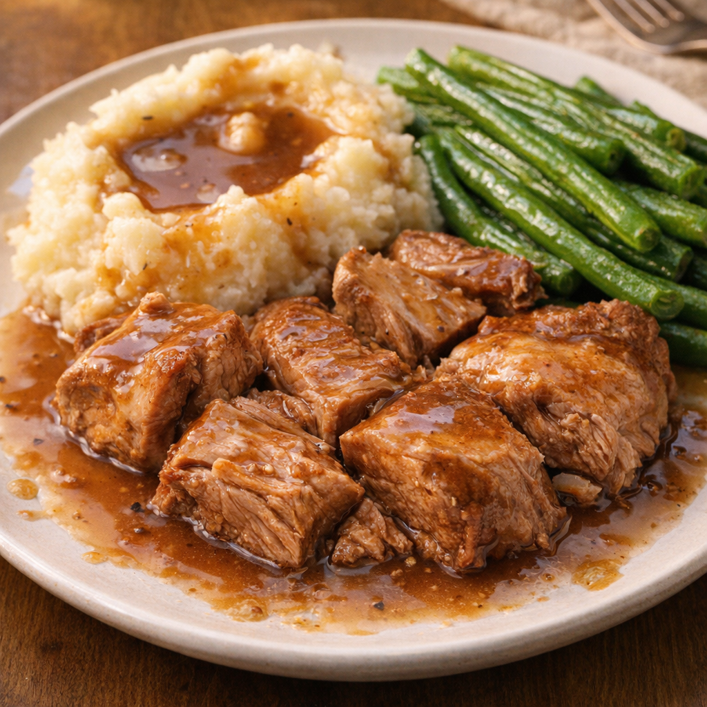 Sliced pork shoulder served with gravy and mashed potatoes