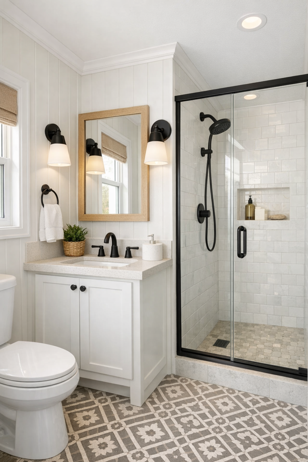 Elegant small cottage bathroom with bright finishes and classic fixtures