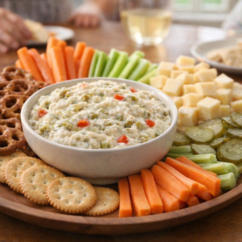 Green olive dip served with crackers and vegetables