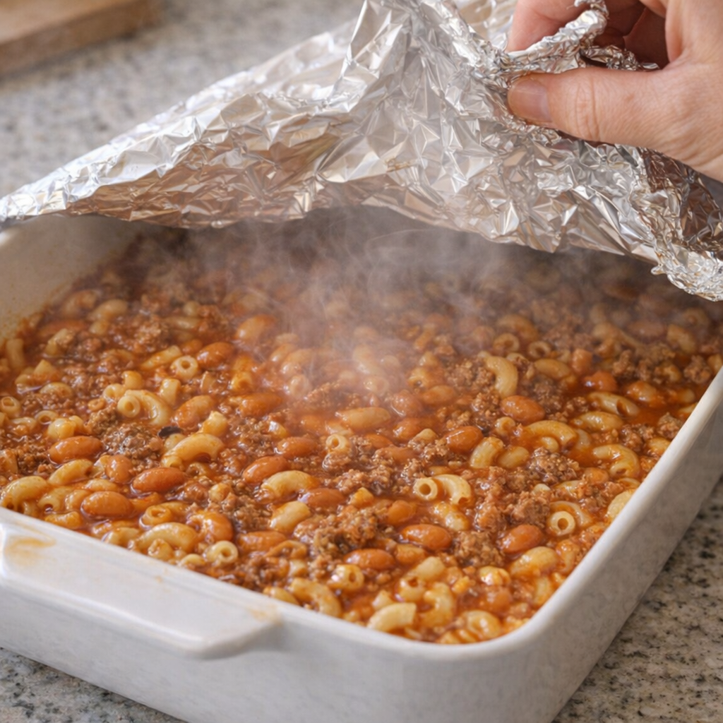 Foil lifted from casserole with steam rising