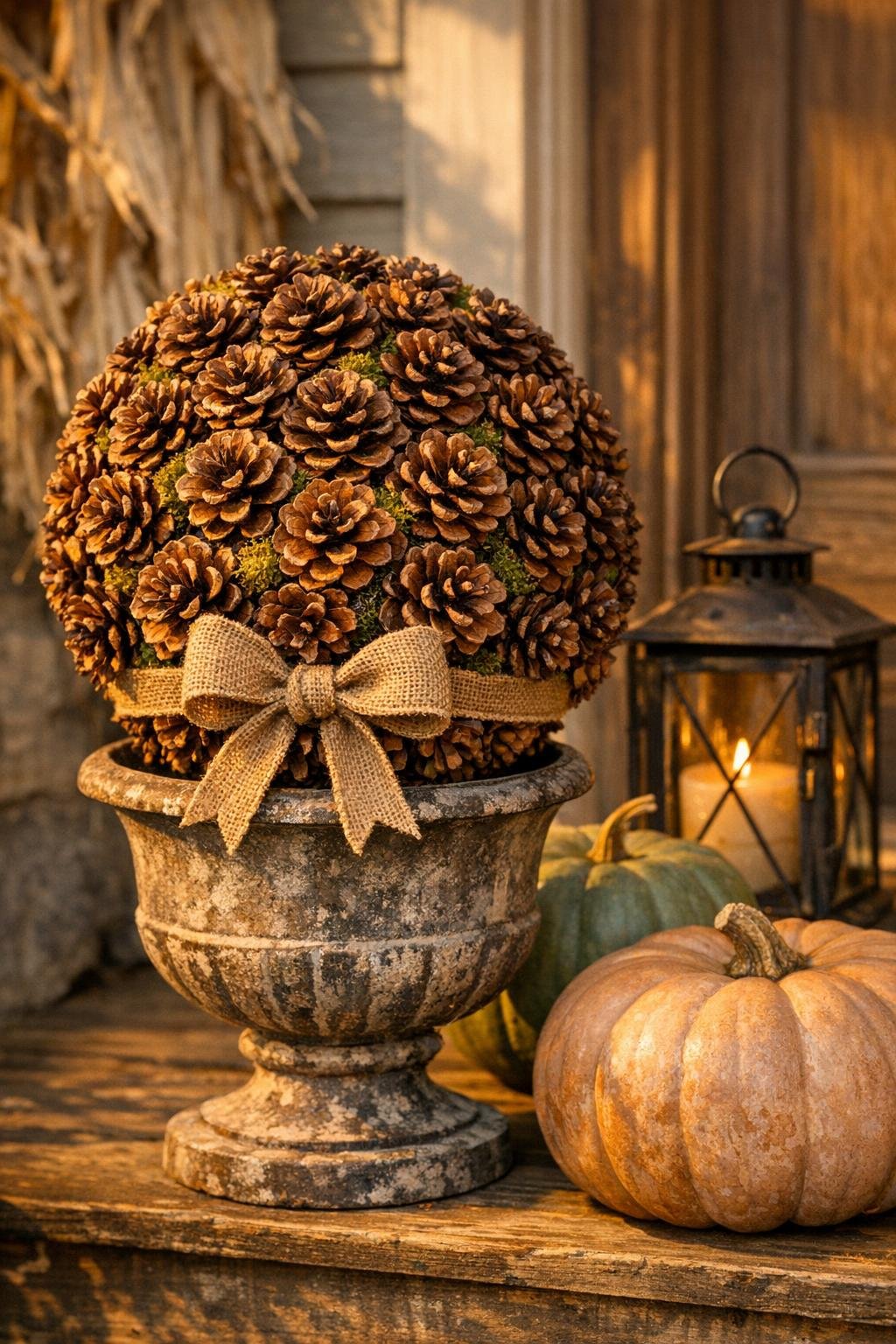 Finished autumn topiary ball made from gathered pinecones displayed for fall decor