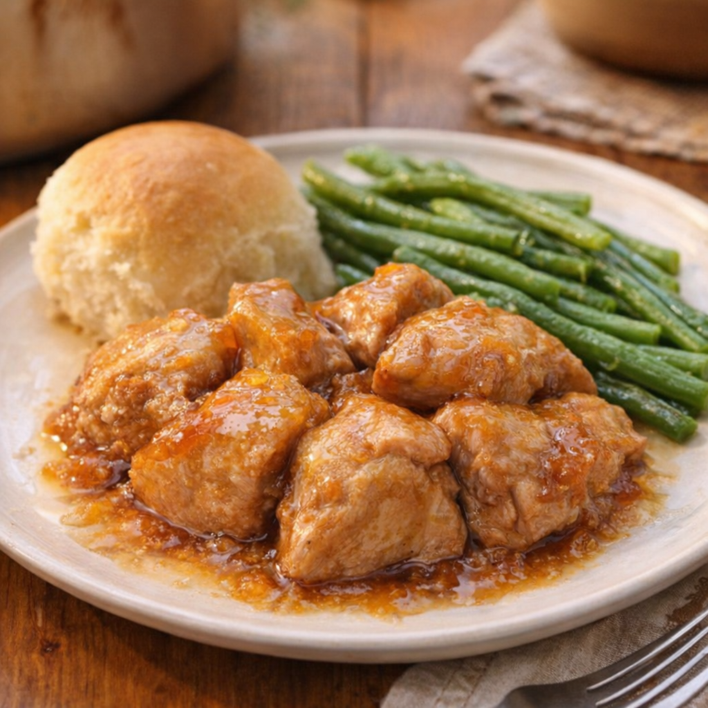 Finished apricot pork with green beans and dinner roll