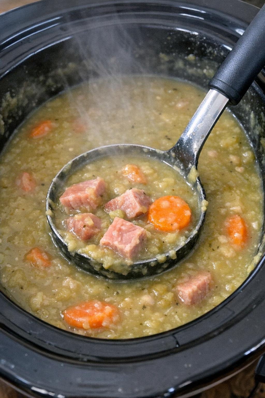 Thick split pea soup in a black slow cooker crock