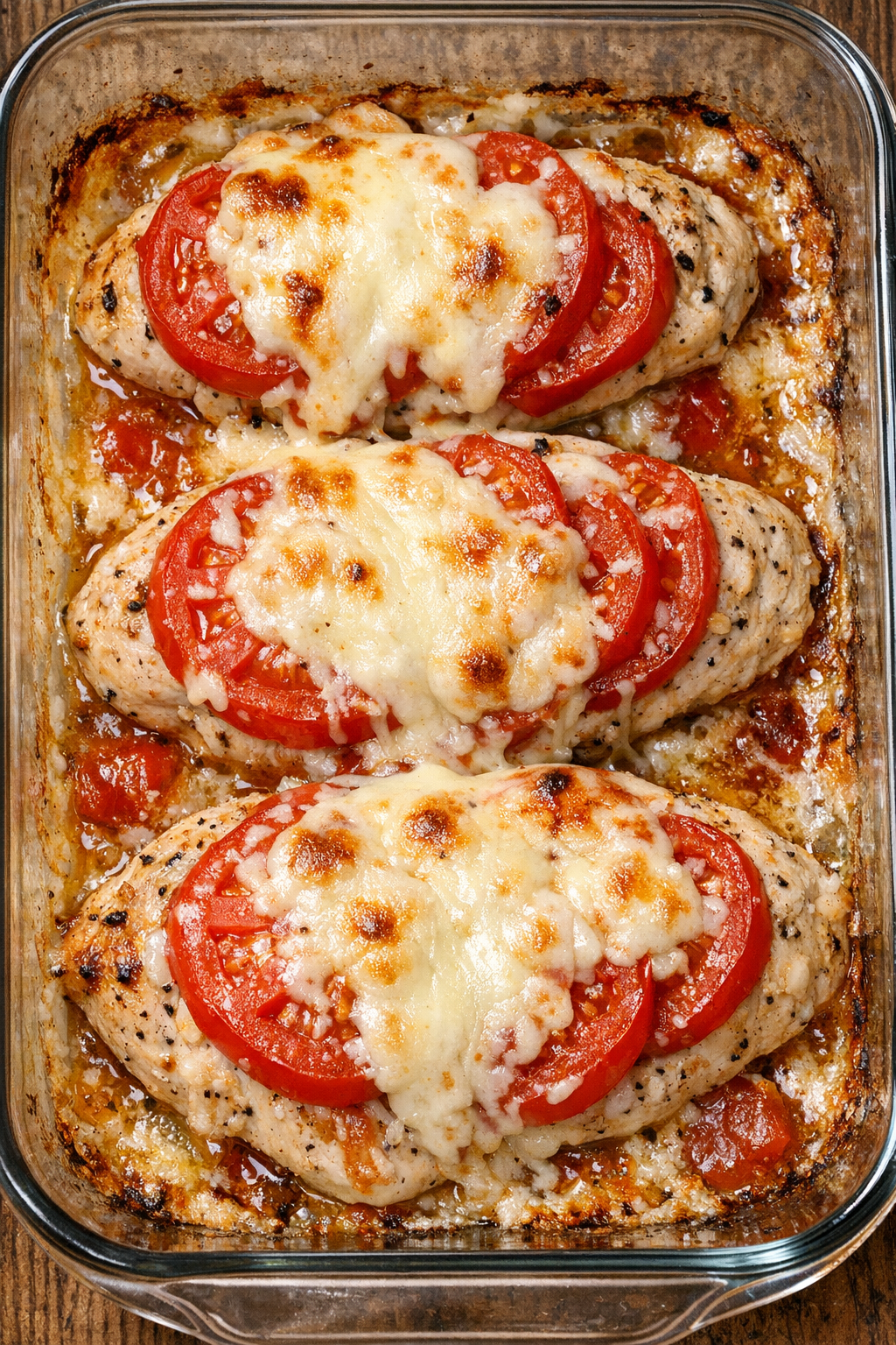 Finished tomato mozzarella chicken bake with melted cheese and tomatoes