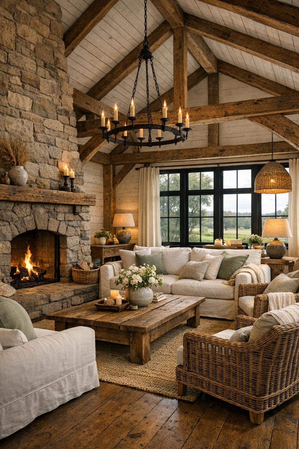 Barn farmhouse living room with exposed beams, stone fireplace, and soft neutral seating