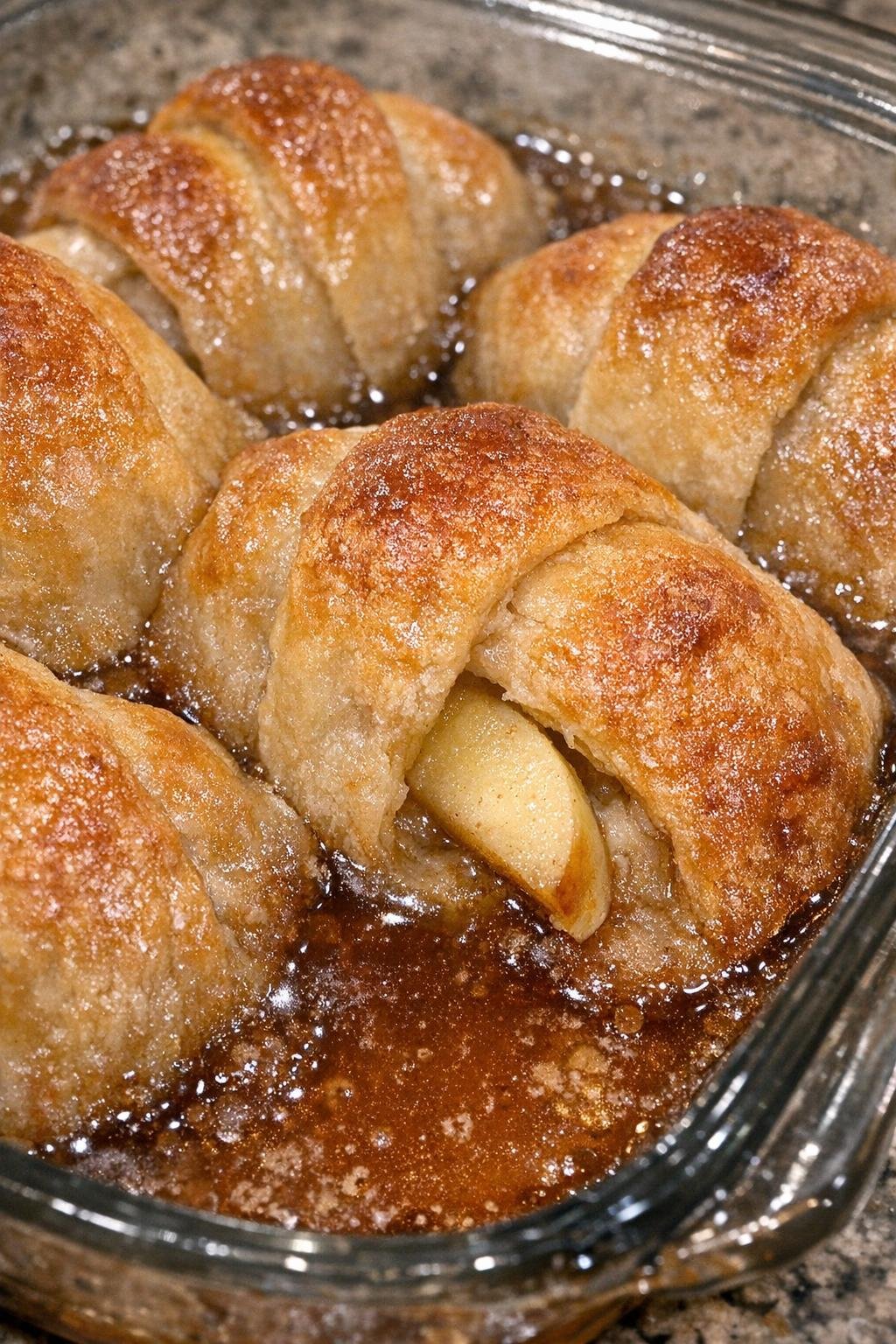 Baked apple dumplings in a glass casserole dish