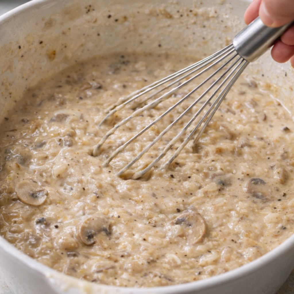 Creamy mushroom gravy mixture being whisked in bowl