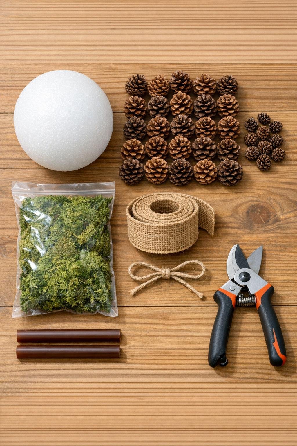 Materials for a pinecone topiary ball laid out on a table