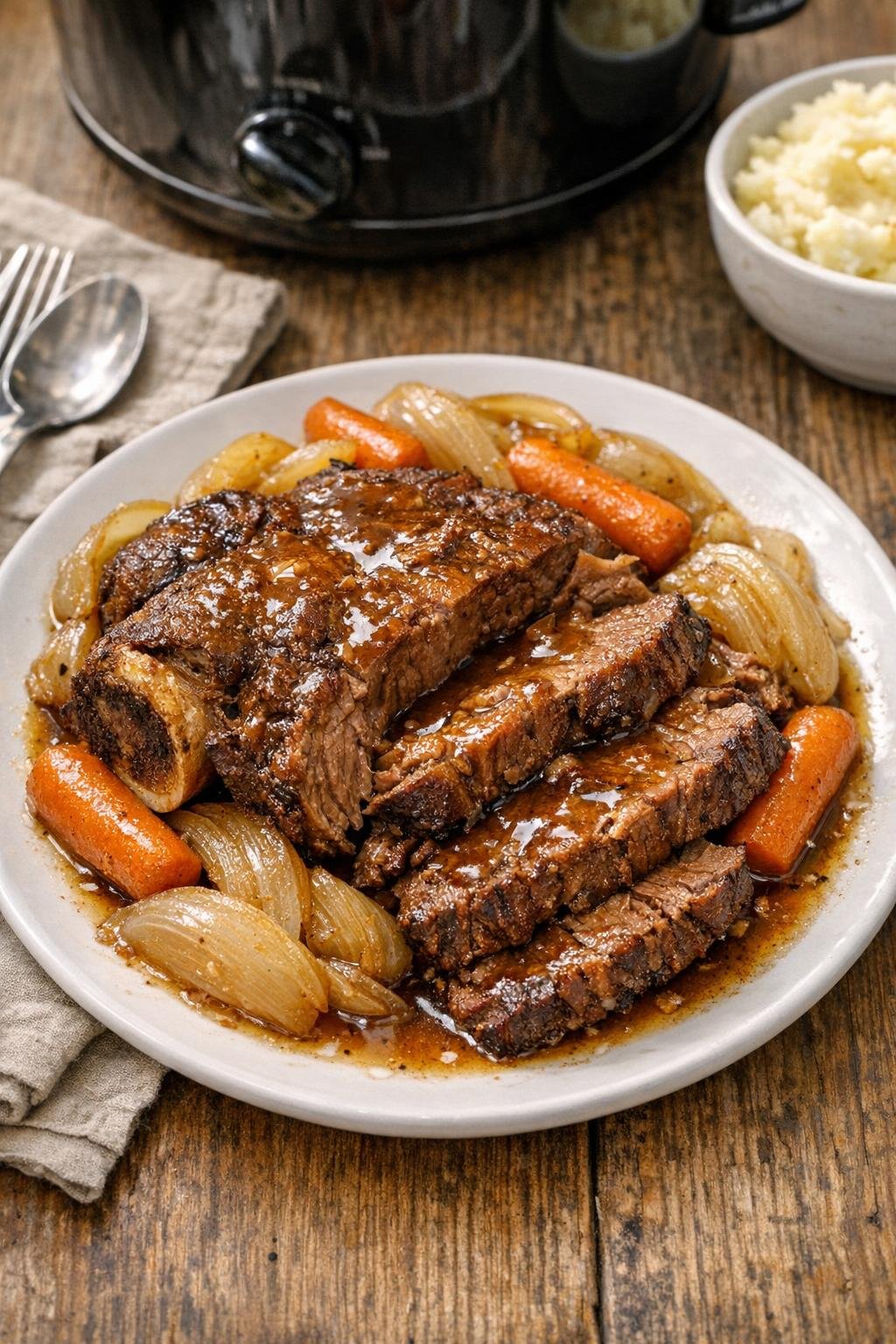 Finished slow cooker beef pot roast plated for dinner