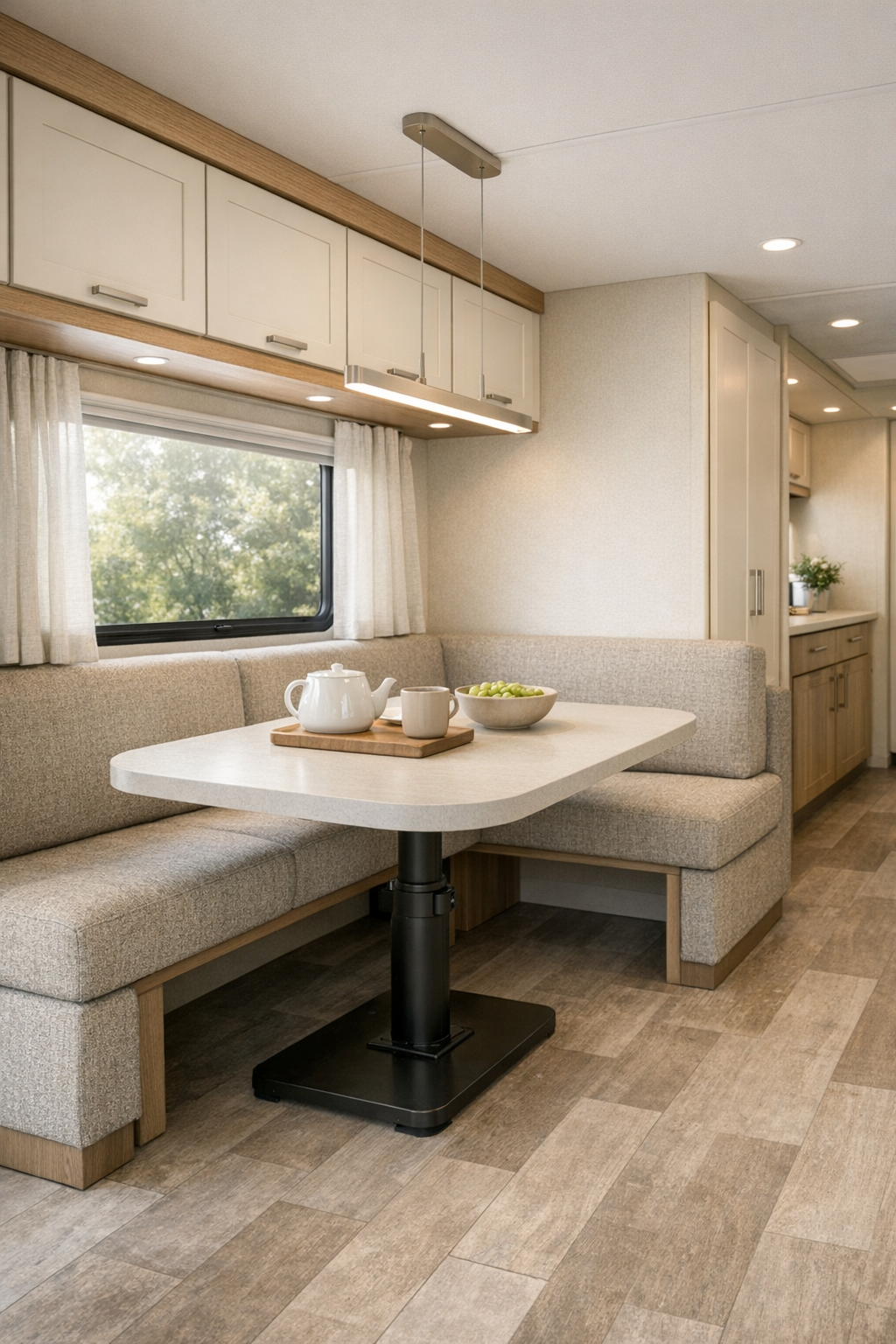 Compact RV dining nook with oatmeal banquette seating and a rounded pedestal table