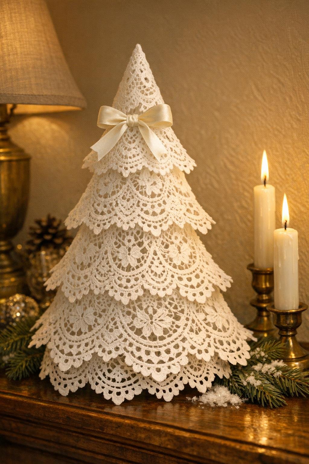 Finished starched lace tabletop tree displayed as holiday decor