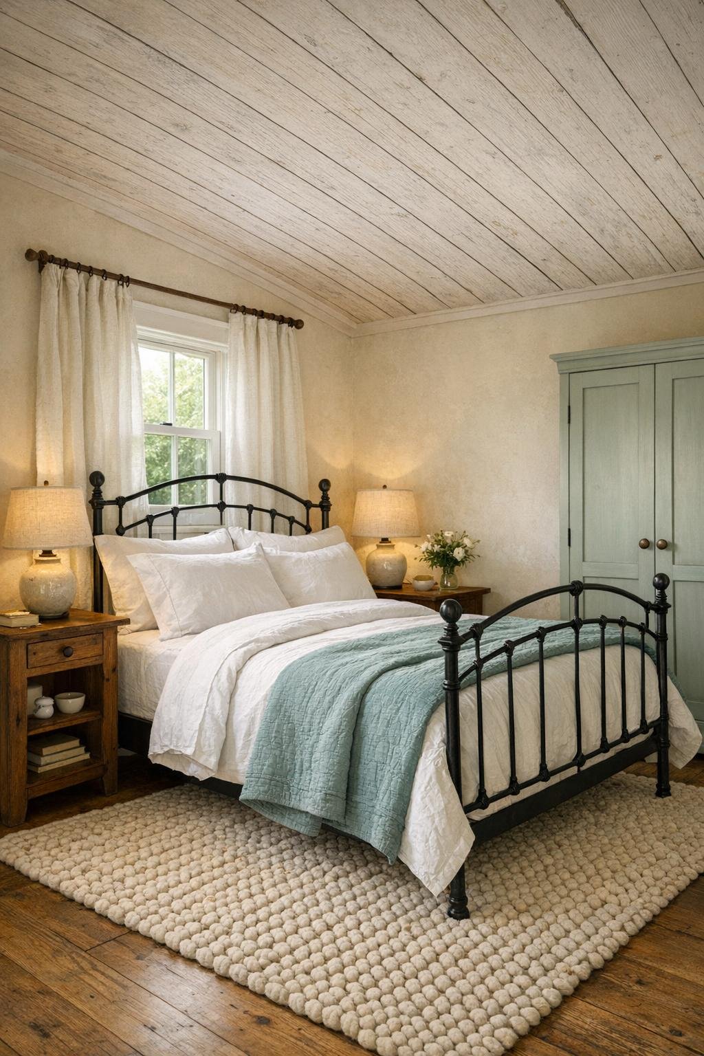 Serene cottage bedroom with an iron bed, white bedding, and soft vintage details