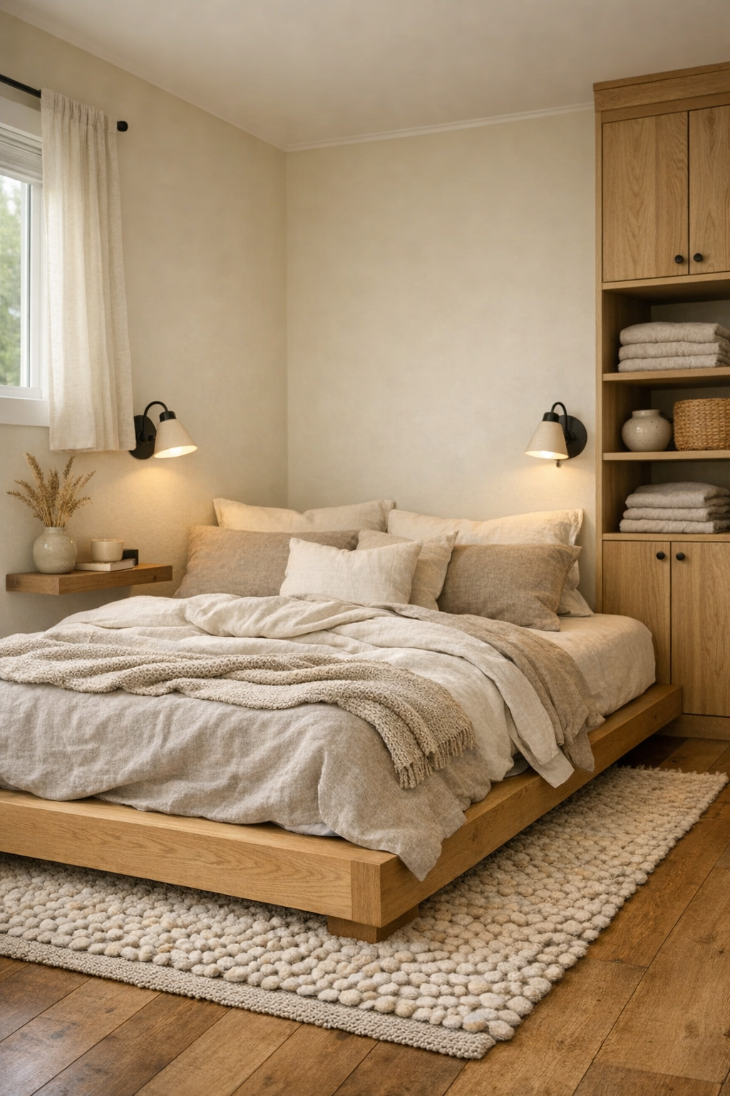 Calm tiny home bedroom with low oak bed and layered linen bedding