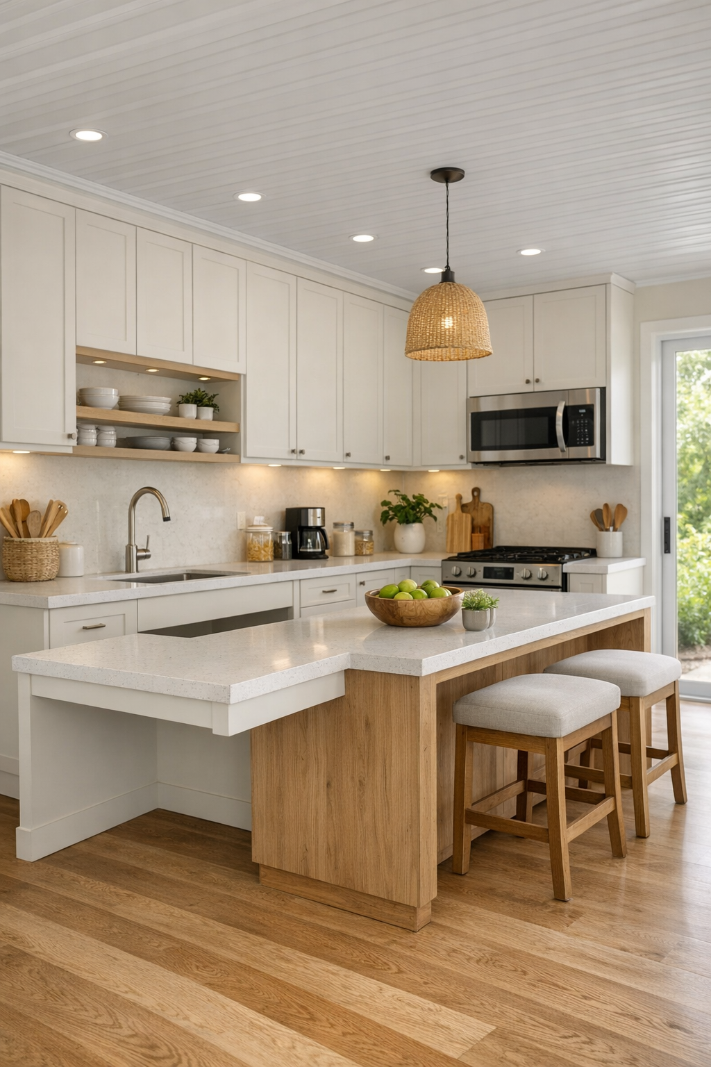 Bright accessible kitchen with ivory cabinetry, quartz counters, and warm oak details
