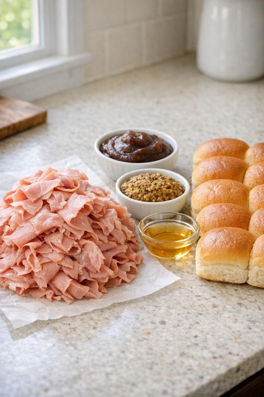 Main ingredients for apple-mustard ham sliders