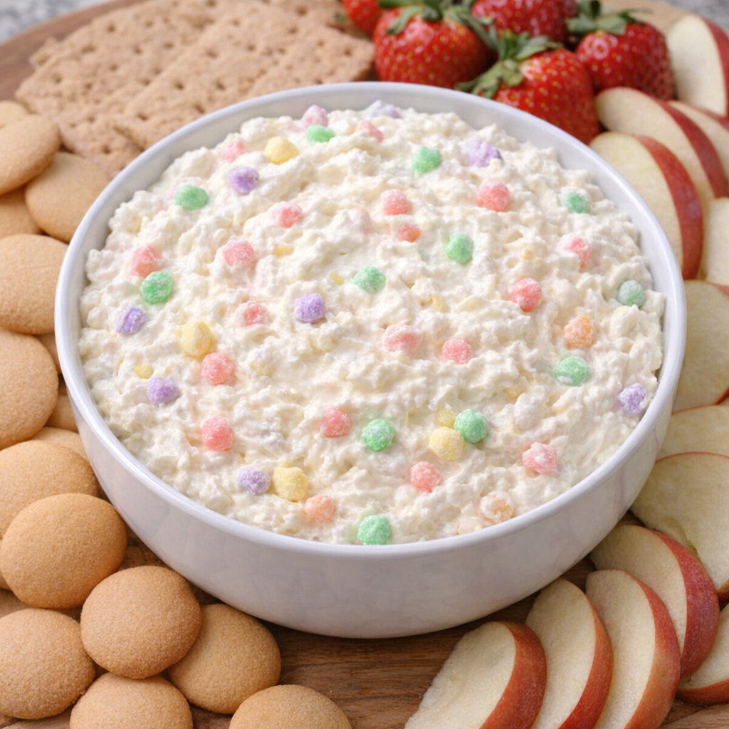 Bowl of sweet fluff dip topped with pastel candies and surrounded by cookies and fruit for serving