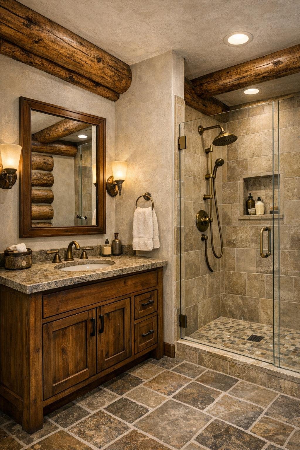 Refined rustic bathroom with plaster walls, stone surfaces, and a warm wood vanity