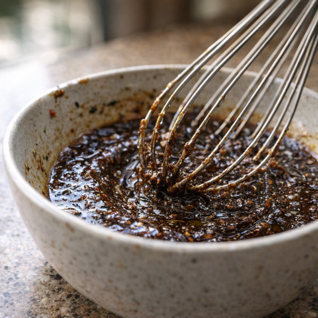 Jerk marinade being whisked in a small bowl