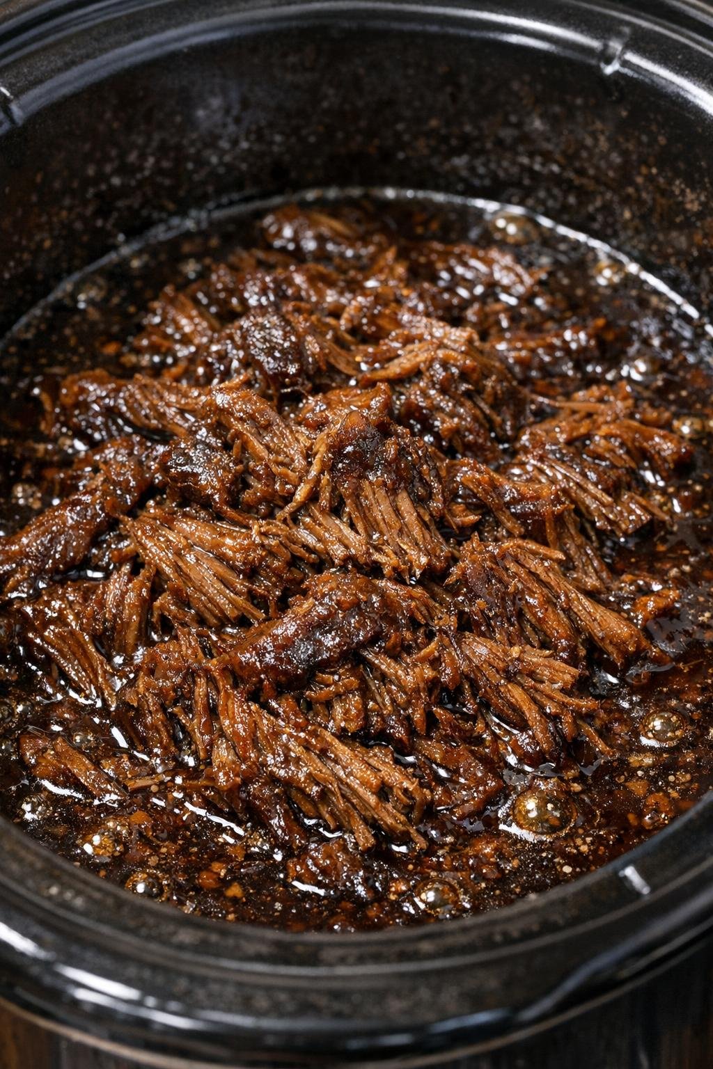 Slow cooker shredded beef in dark savory sauce