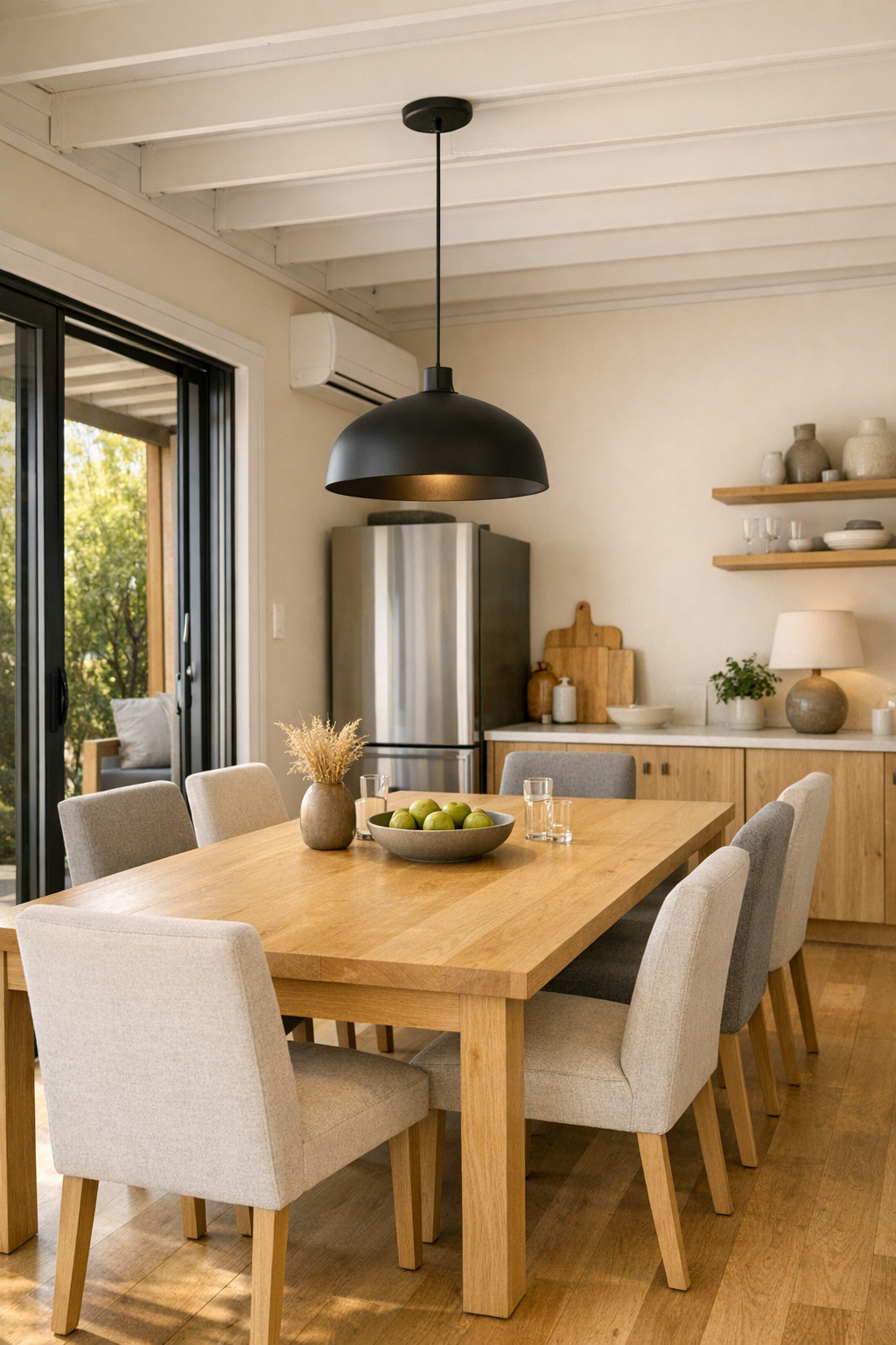 Light open dining room with pale oak table and upholstered chairs