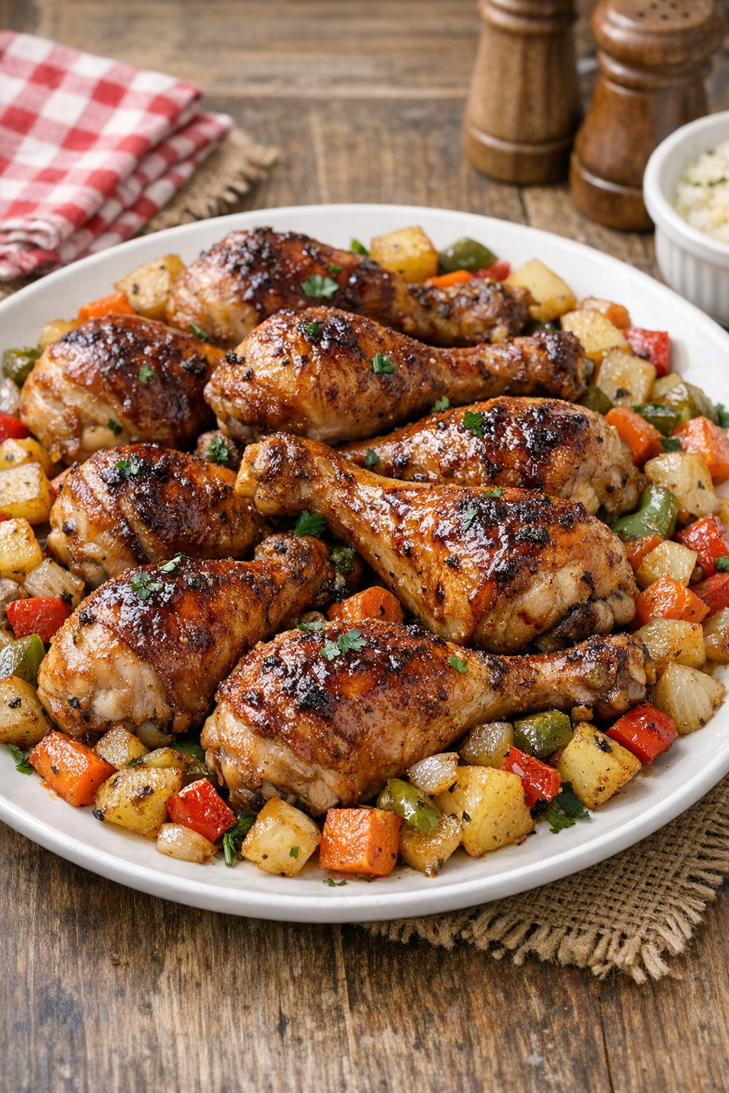 Finished baked chicken drumsticks on a platter