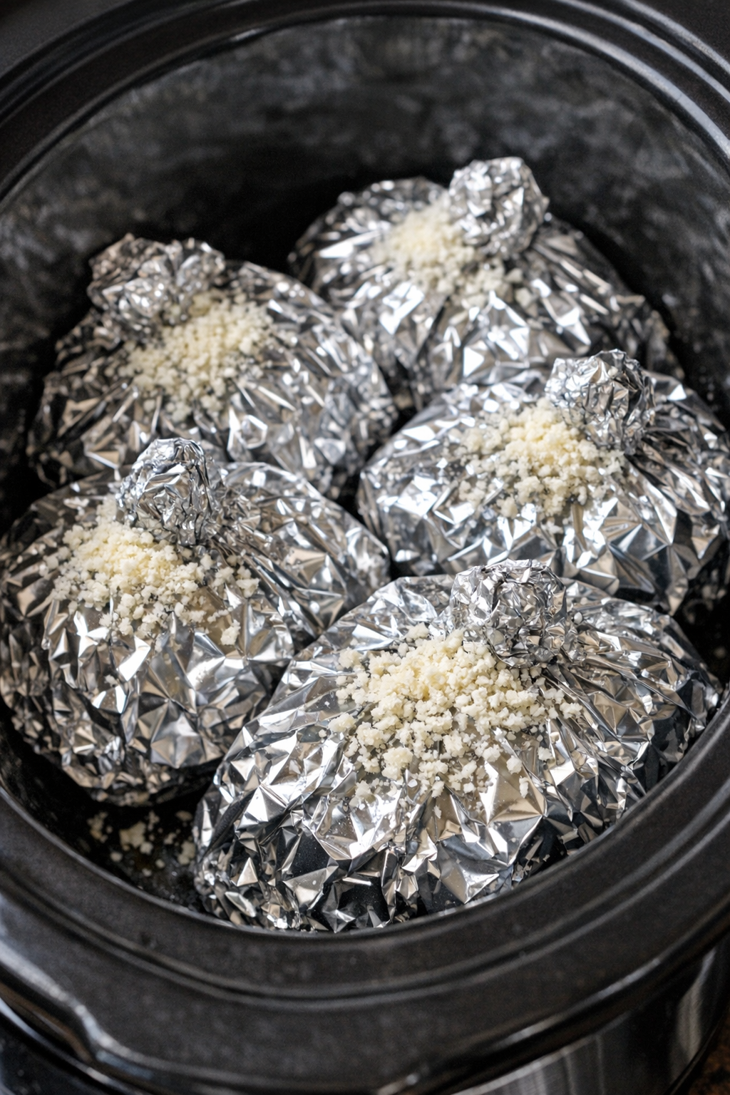 Slow cooker creamy sausage tortellini foil packets in a black slow cooker