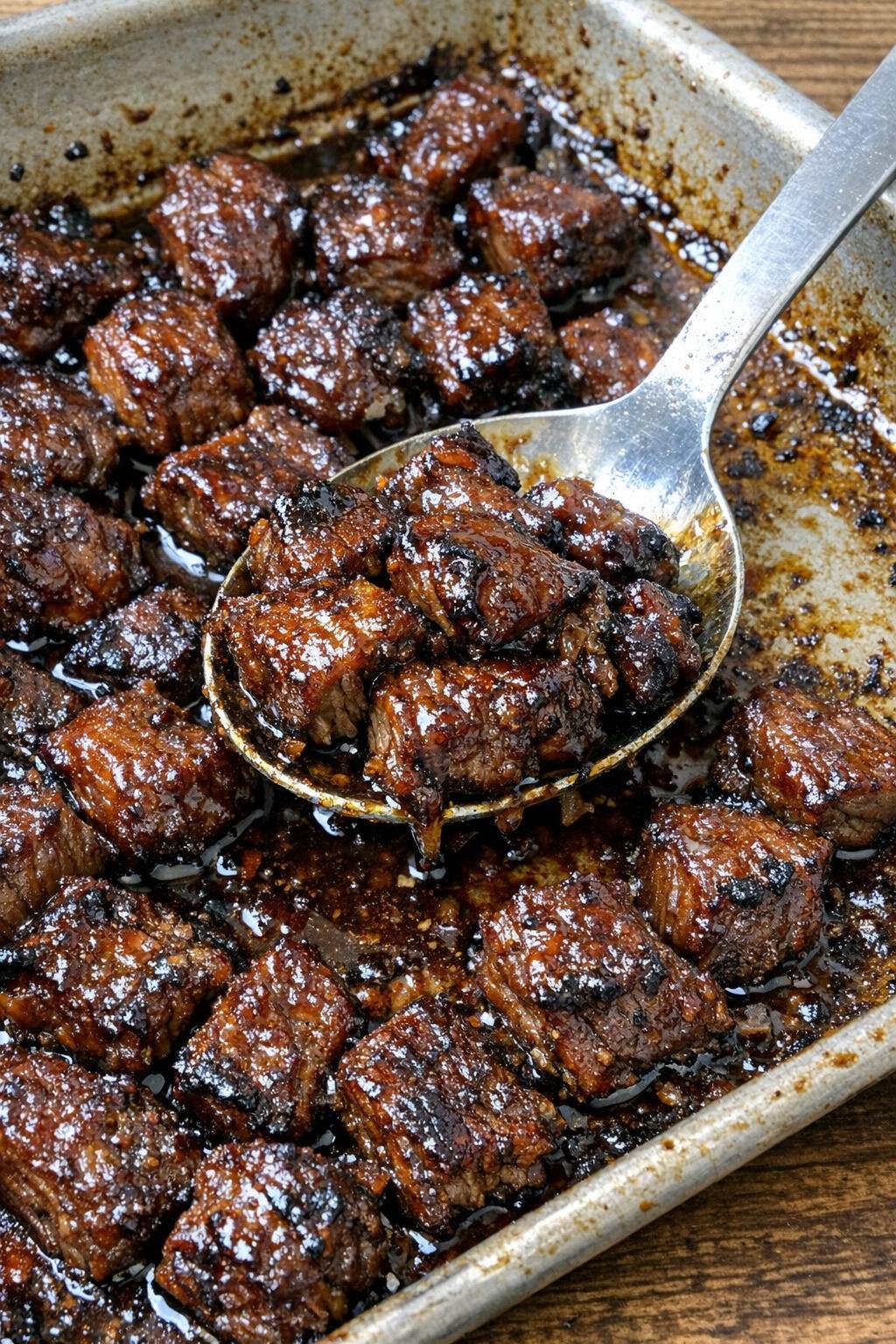 Savory glazed beef bites on a sheet pan