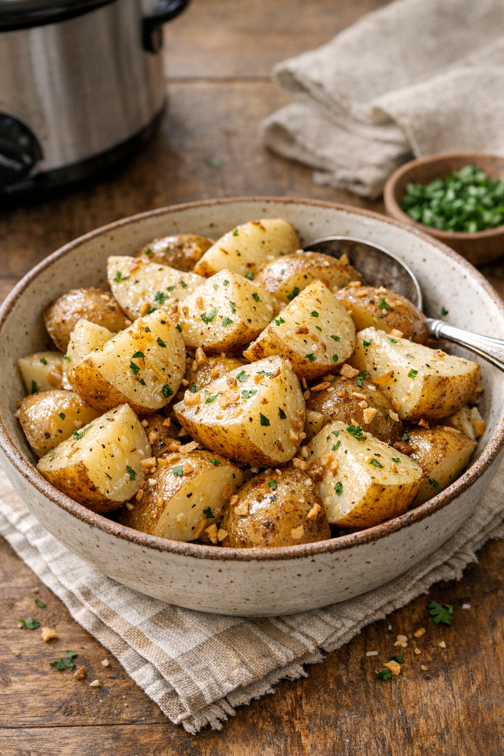 Finished slow cooker white potatoes in a serving bowl