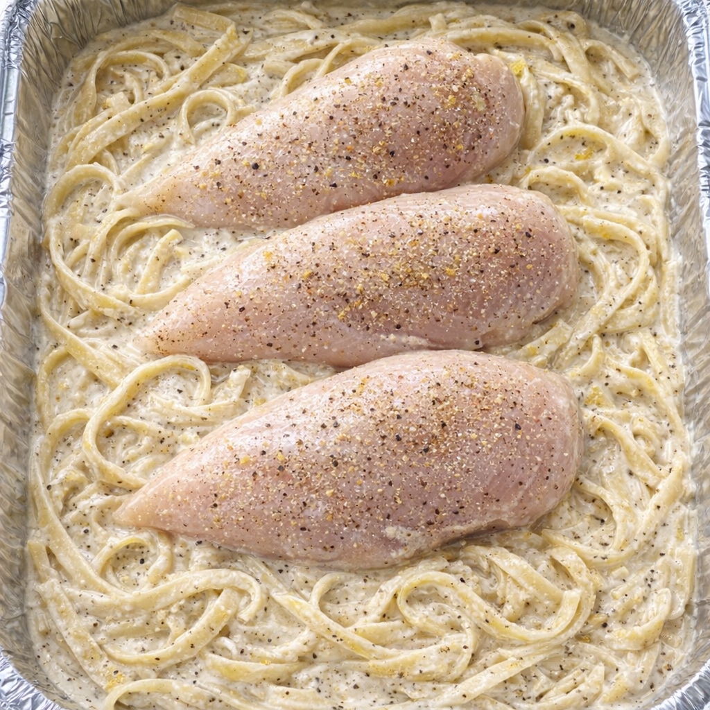 Raw chicken breasts arranged over saucy pasta in foil pan