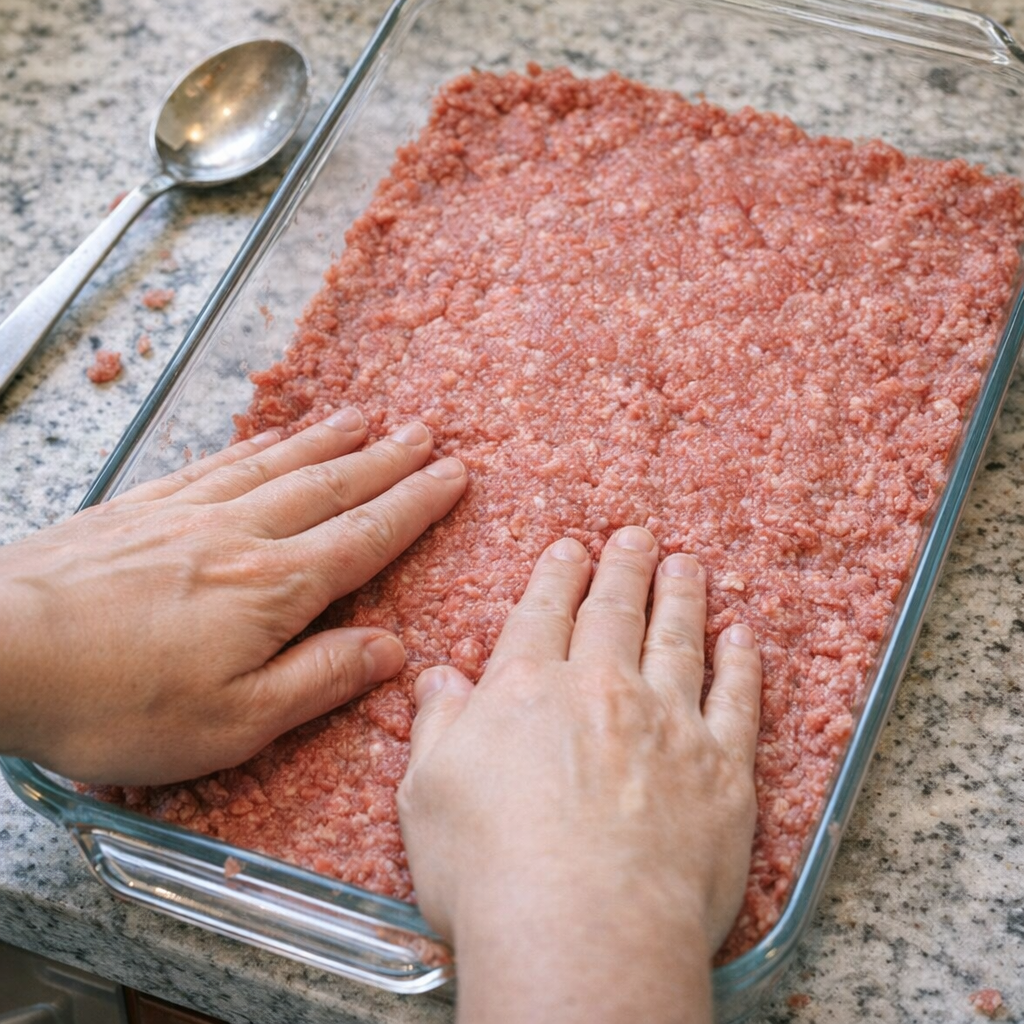 Ground beef pressed into an even layer in a baking dish