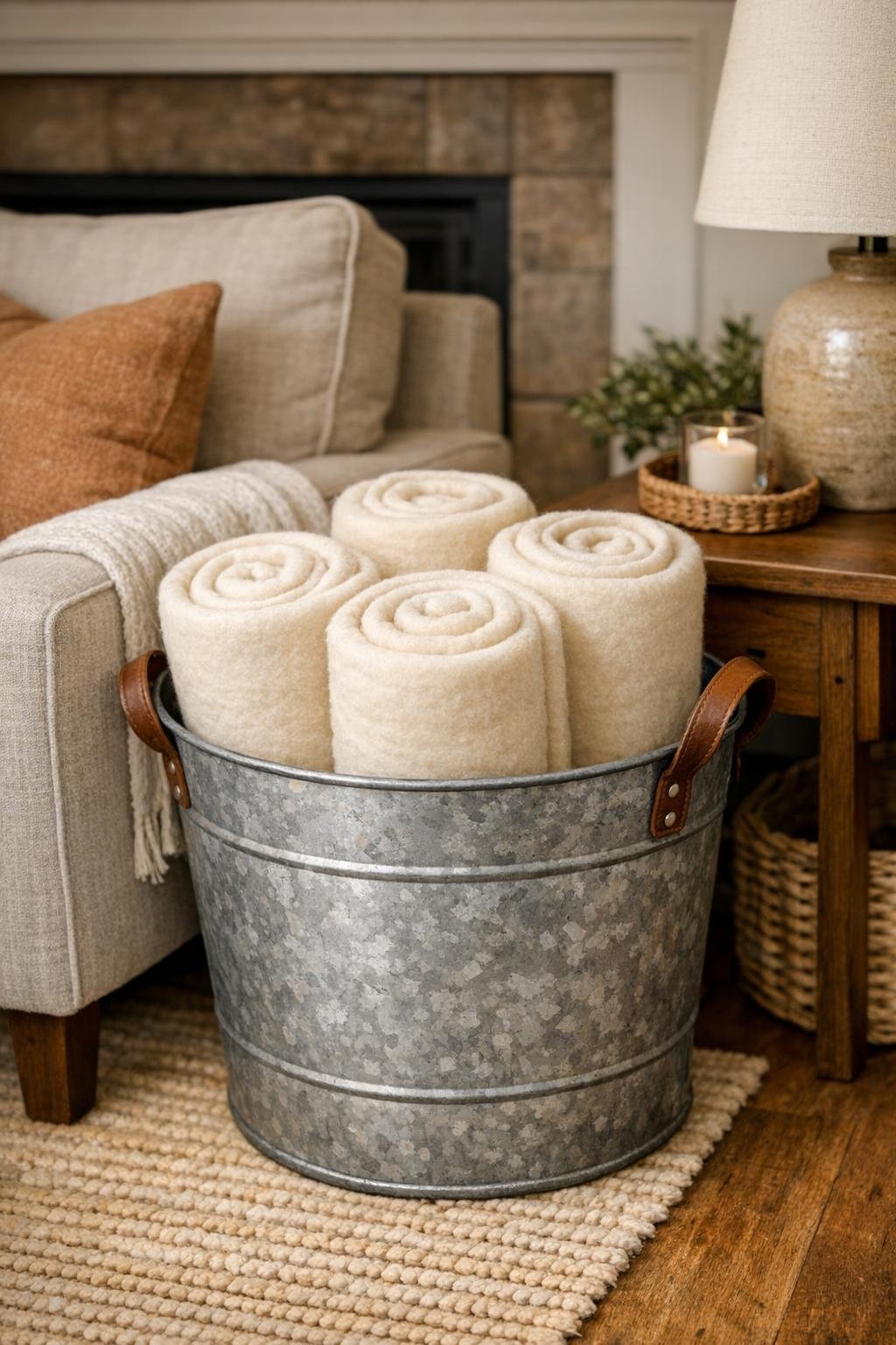 Finished blanket storage bucket in a cozy living room