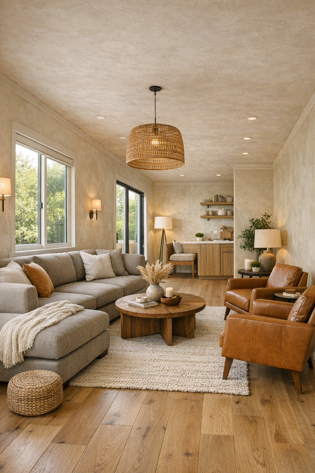 Warm modern container home living room with sand and oak tones