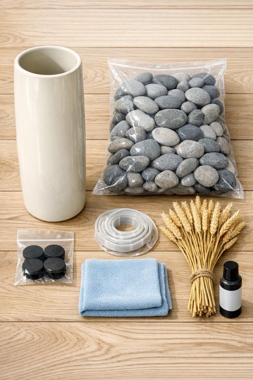 Materials for a ceramic vase umbrella stand laid out neatly