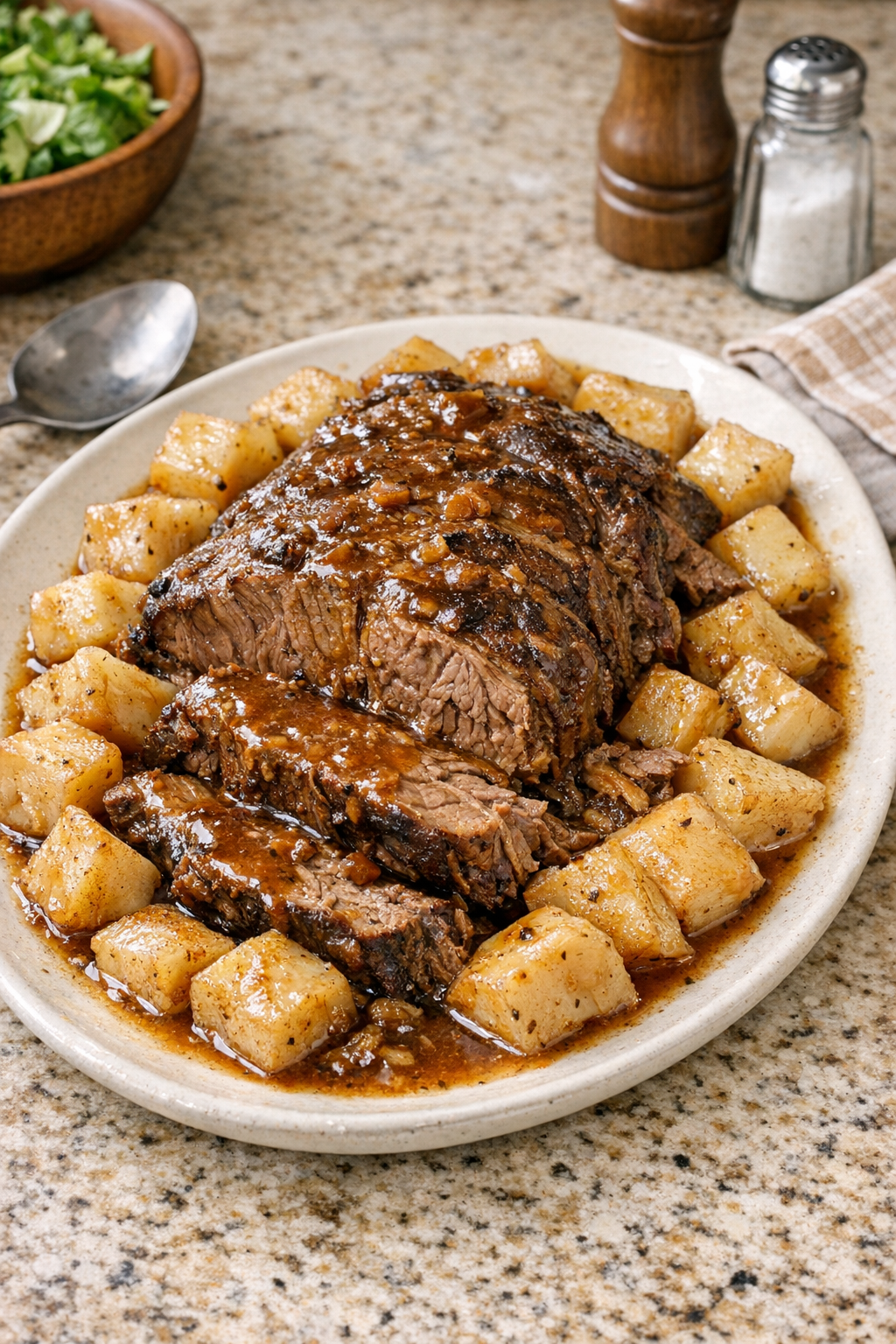 Finished slow cooker beef roast with celery root on a platter