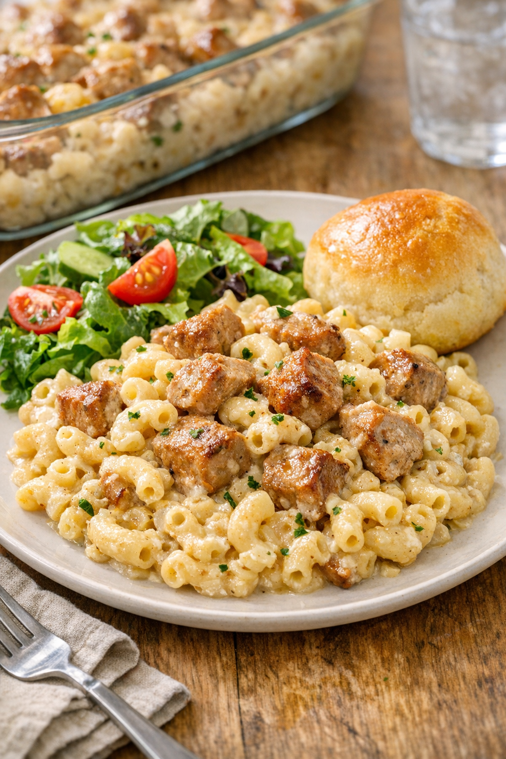 Finished baked pork loin macaroni casserole served with simple sides