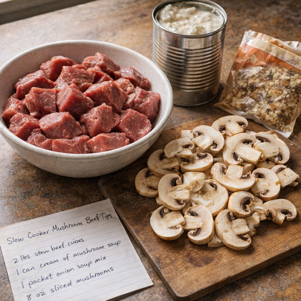 De afgemeten ingrediënten voor de rundvleesreepjes met champignons liggen uitgestald op een boerenkeukentafel.