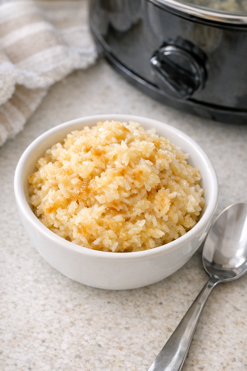 Finished slow cooker coconut dessert in a serving bowl