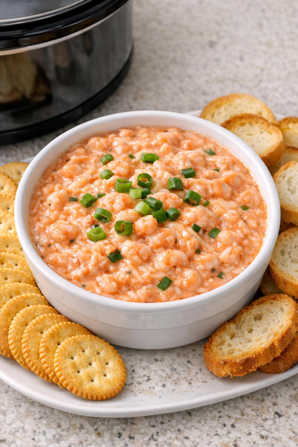 Warm creamy shrimp dip in a serving dish