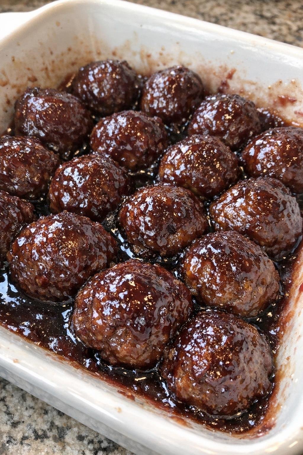 Glazed meatballs in a white casserole dish
